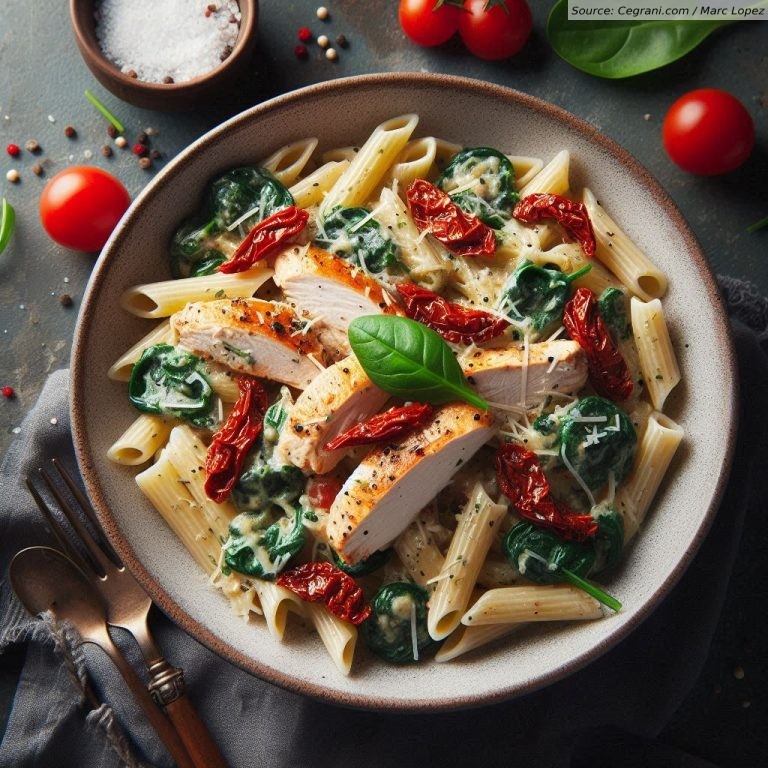 Creamy Garlic Parmesan Chicken Pasta with Sun-Dried Tomatoes and Spinach