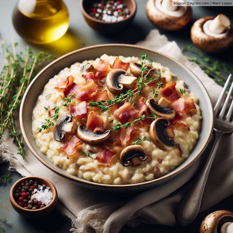 Creamy Mushroom and Thyme Risotto with Crispy Pancetta