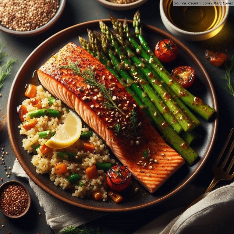 Spicy Honey Glazed Salmon with Garlic Herb Quinoa and Roasted Asparagus